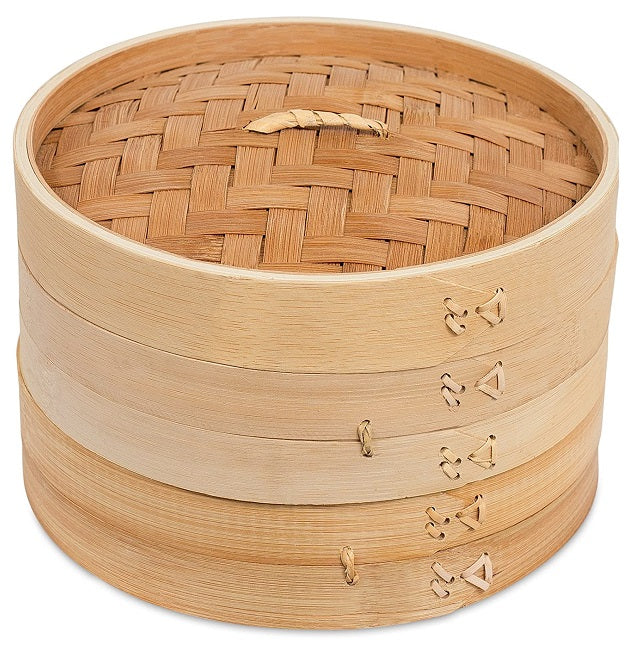 Bamboo Steamer (6 Inch) Set 3 Pieces Asian Veggies